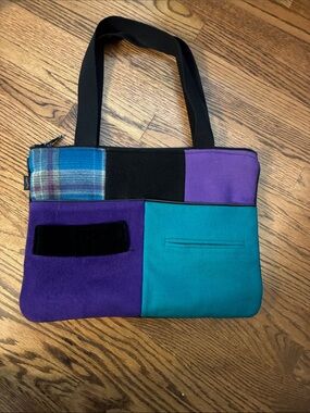 BaabaaZuzu Colorblock Purple Black & Teal Patchwork Upcycled Tote Wool Bag Purse